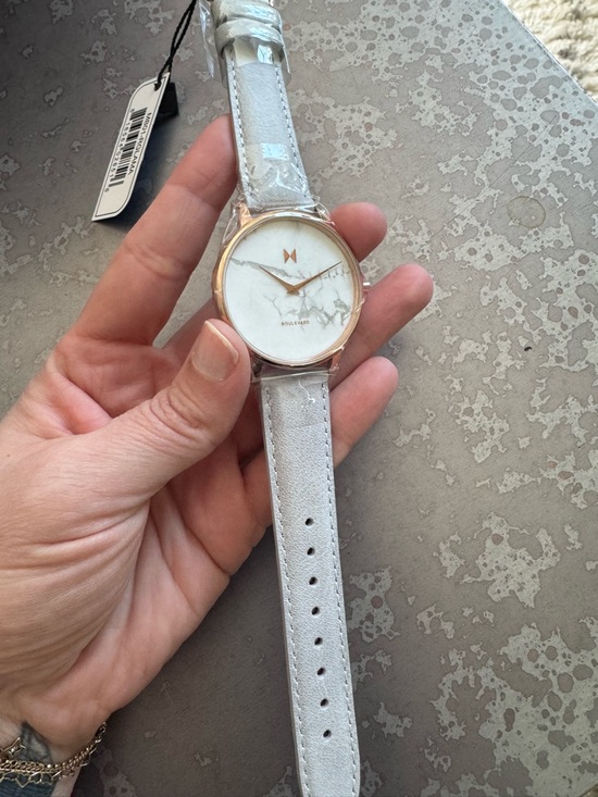 Movement Boulevard Marble Dial Rose Gold Watch with Light Gray Strap